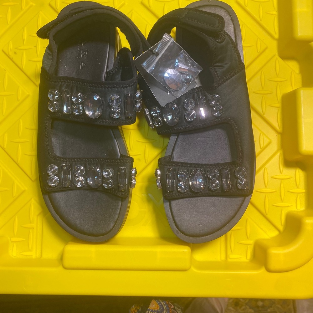 ZARA Embellished Platform Sandals Black Rhinestone Buckle Comfort‎ Women Size 40